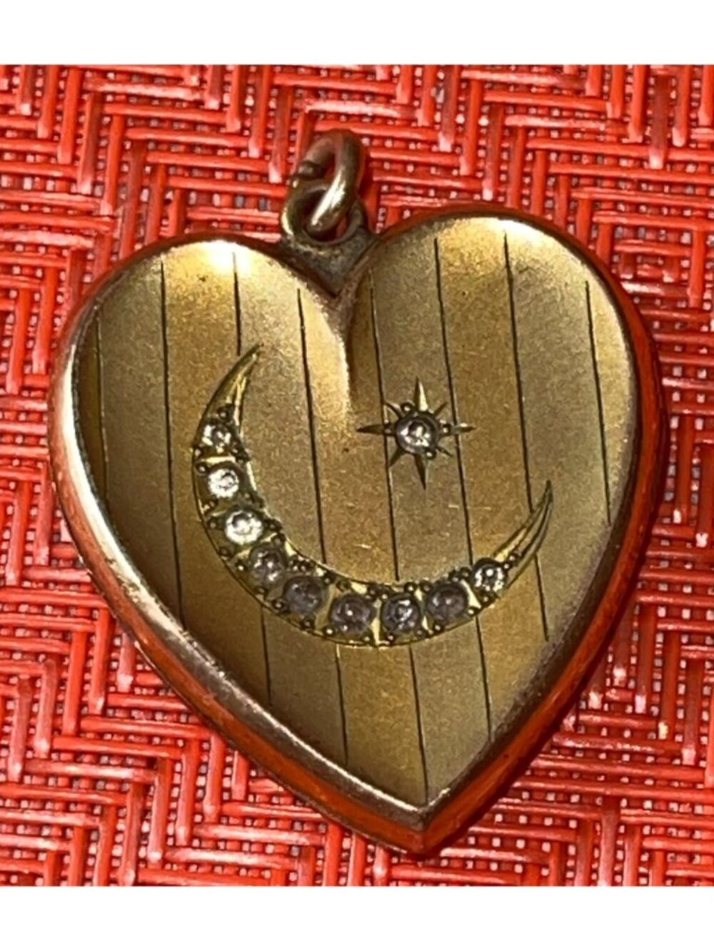 Antique Victorian GF Heart Locket With Crescent Moon & Star Design Paste Stones